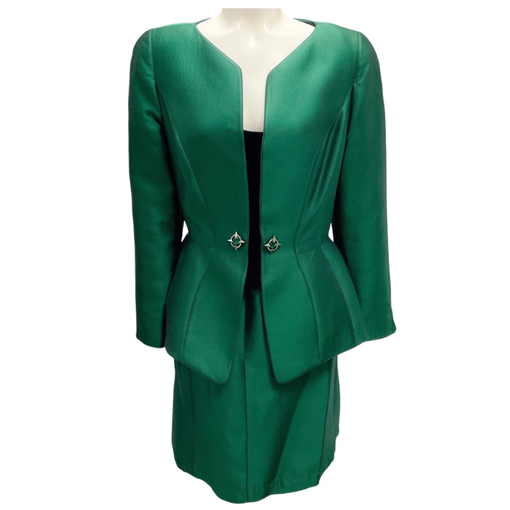 THIERRY MUGLER VINTAGE GREEN SILK JACKET AND SKIRT SUIT SET - Picture 1 of 5